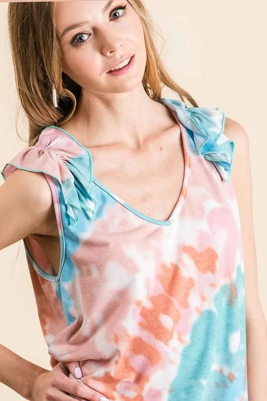 BiBi - Tie - Dye Ruffle Shoulder Tank – Coral & Blue