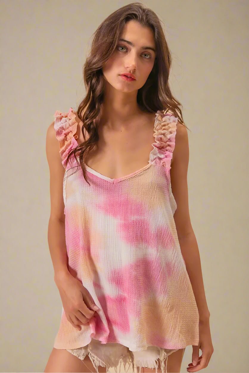 BiBi - Tie - Dye Ruffle Strap Crinkle Cami – Pink & Peach