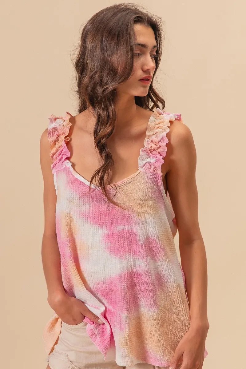 BiBi - Tie - Dye Ruffle Strap Crinkle Cami – Pink & Peach