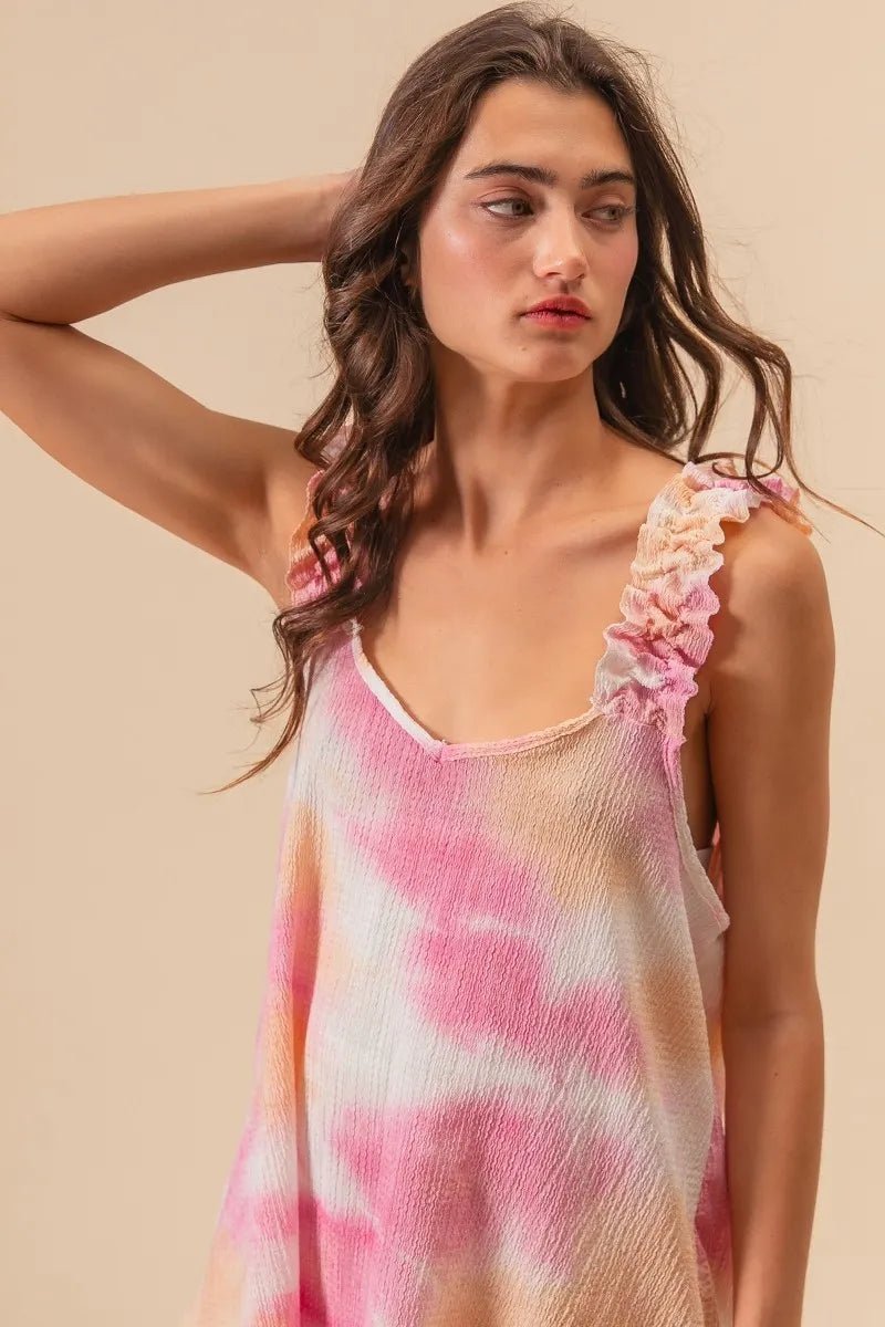 BiBi - Tie - Dye Ruffle Strap Crinkle Cami – Pink & Peach