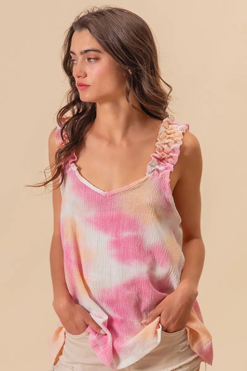 BiBi - Tie - Dye Ruffle Strap Crinkle Cami – Pink & Peach