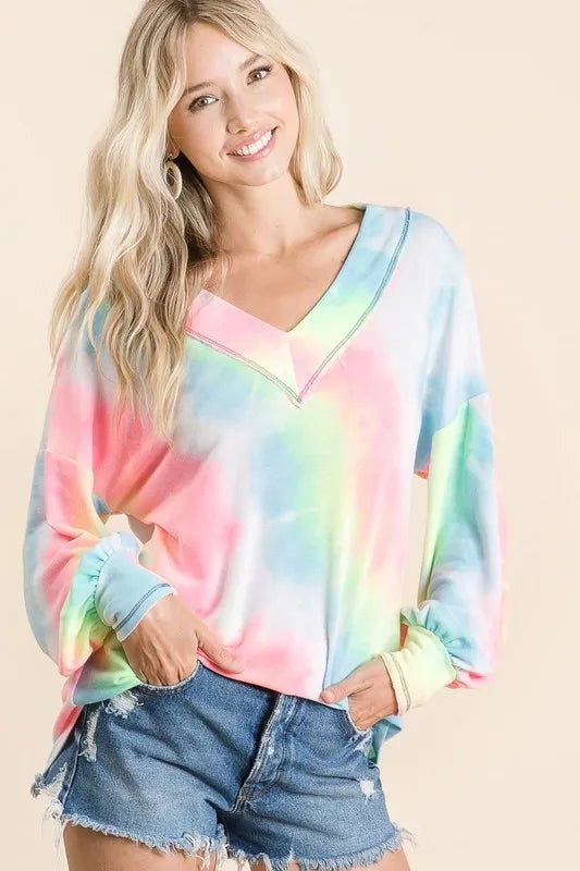 BiBi - Tie - Dye V - Neck Pullover – Aqua Blue & Pink