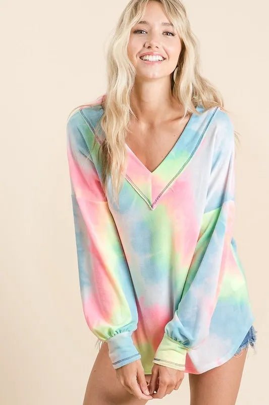 BiBi - Tie - Dye V - Neck Pullover – Aqua Blue & Pink