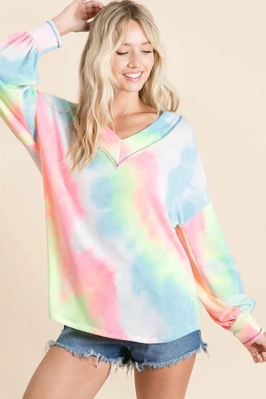 BiBi - Tie - Dye V - Neck Pullover – Aqua Blue & Pink