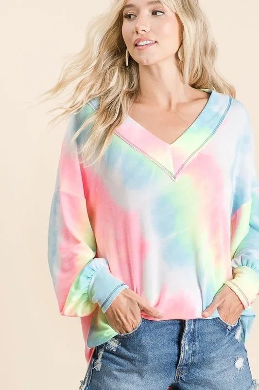 BiBi - Tie - Dye V - Neck Pullover – Aqua Blue & Pink