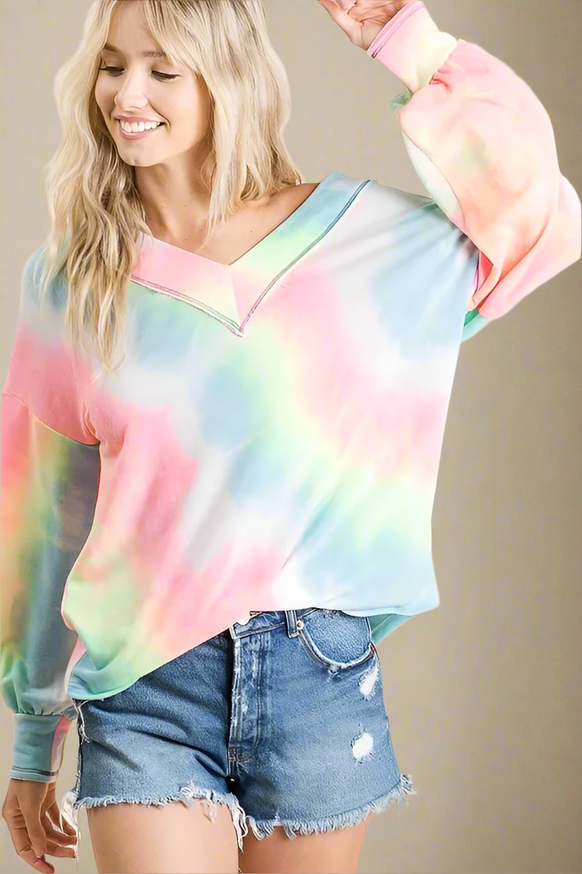 BiBi - Tie - Dye V - Neck Pullover – Aqua Blue & Pink