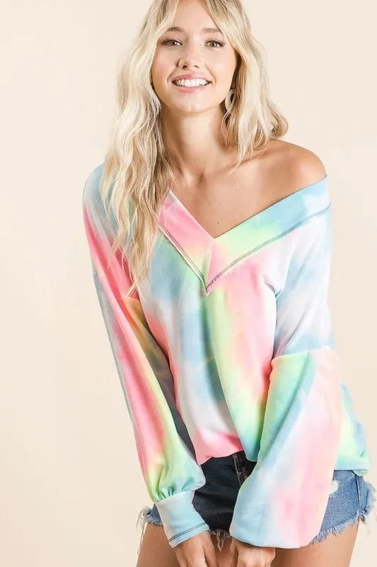 BiBi - Tie - Dye V - Neck Pullover – Aqua Blue & Pink