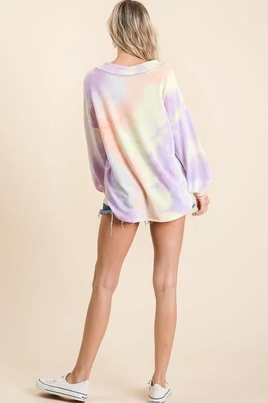 BiBi - Tie - Dye V - Neck Pullover – Pastel Peach & Lavender