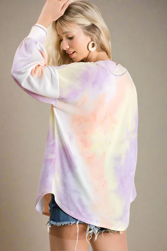 BiBi - Tie - Dye V - Neck Pullover – Pastel Peach & Lavender