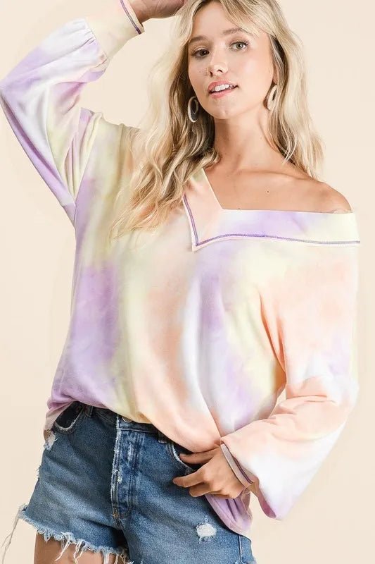BiBi - Tie - Dye V - Neck Pullover – Pastel Peach & Lavender