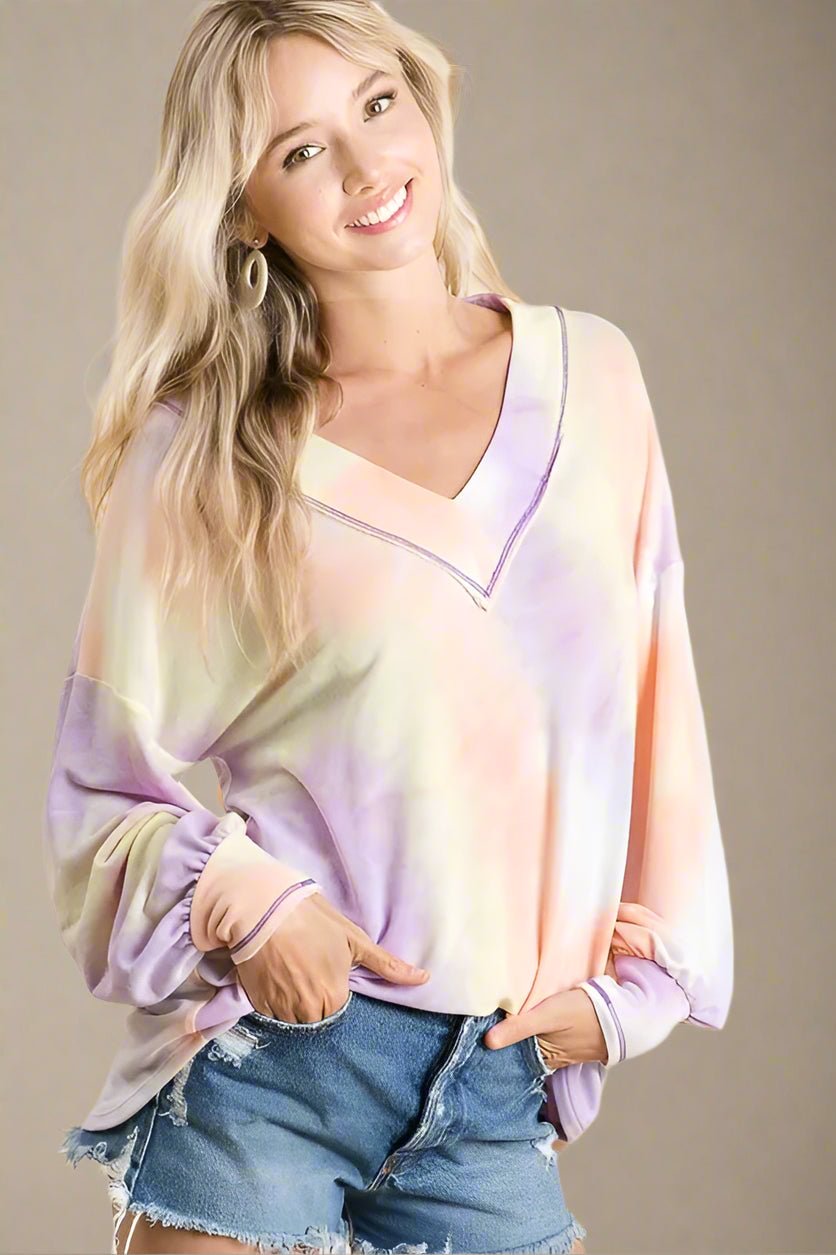 BiBi - Tie - Dye V - Neck Pullover – Pastel Peach & Lavender