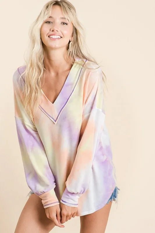 BiBi - Tie - Dye V - Neck Pullover – Pastel Peach & Lavender