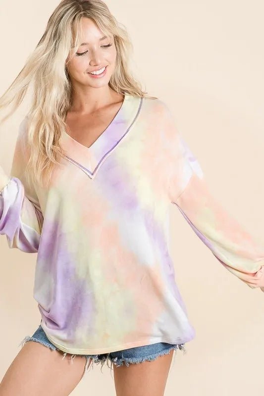 BiBi - Tie - Dye V - Neck Pullover – Pastel Peach & Lavender