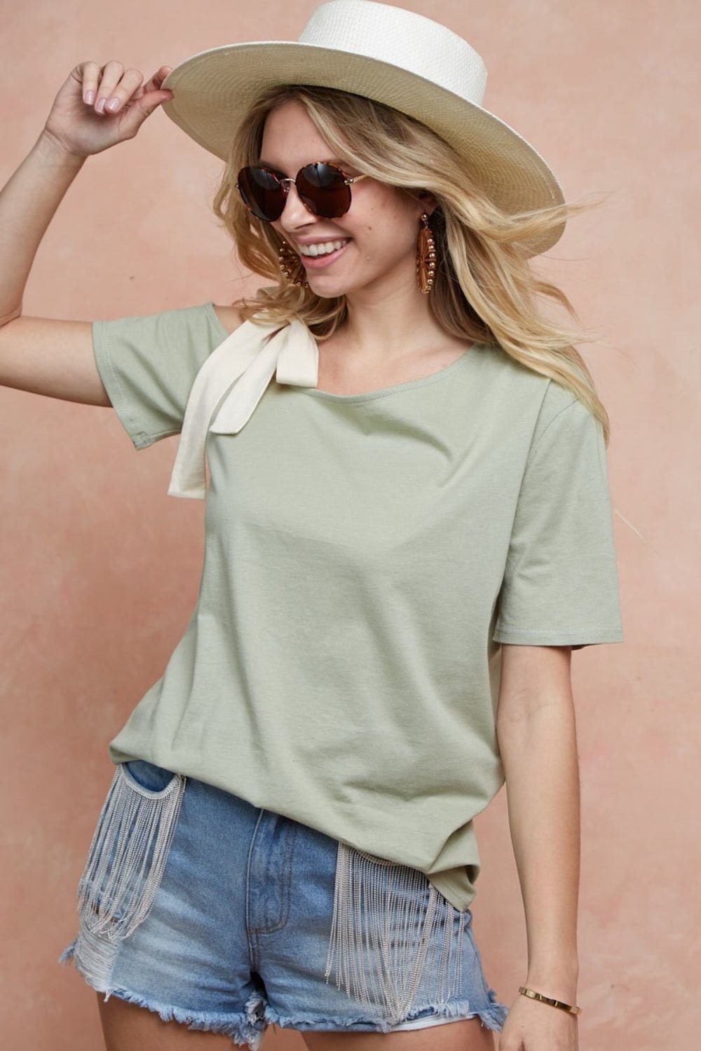 BiBi - Tie Shoulder Short Sleeve T - Shirt in Sage Cream