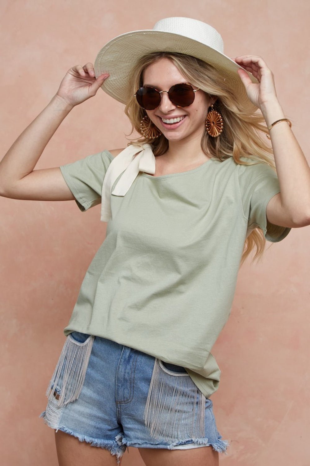 BiBi - Tie Shoulder Short Sleeve T - Shirt in Sage Cream