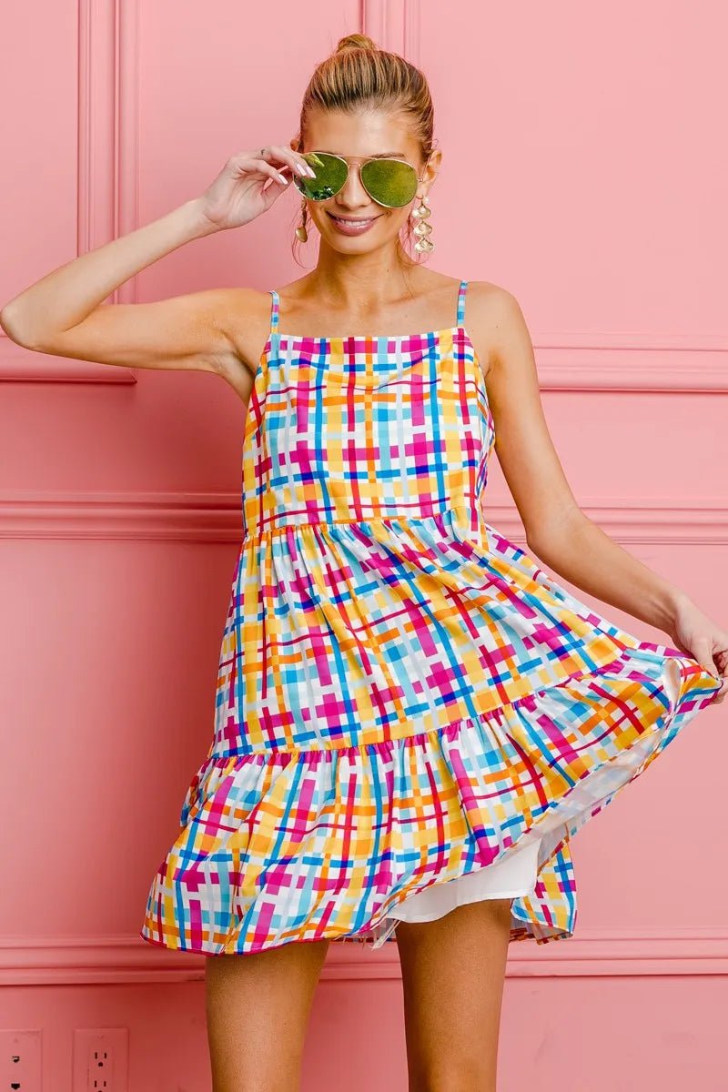 BiBi - Tiered Mini Dress in Orange & Fuchsia Plaid