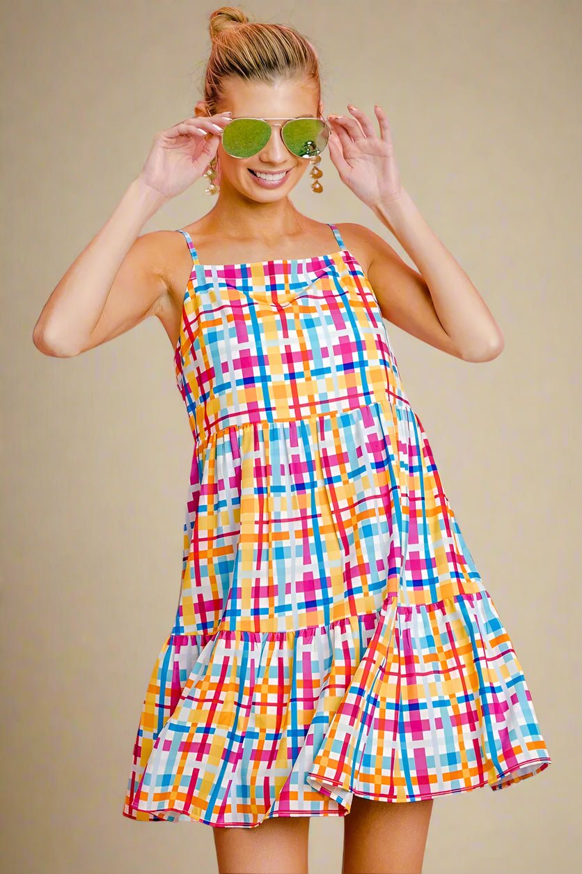 BiBi - Tiered Mini Dress in Orange & Fuchsia Plaid