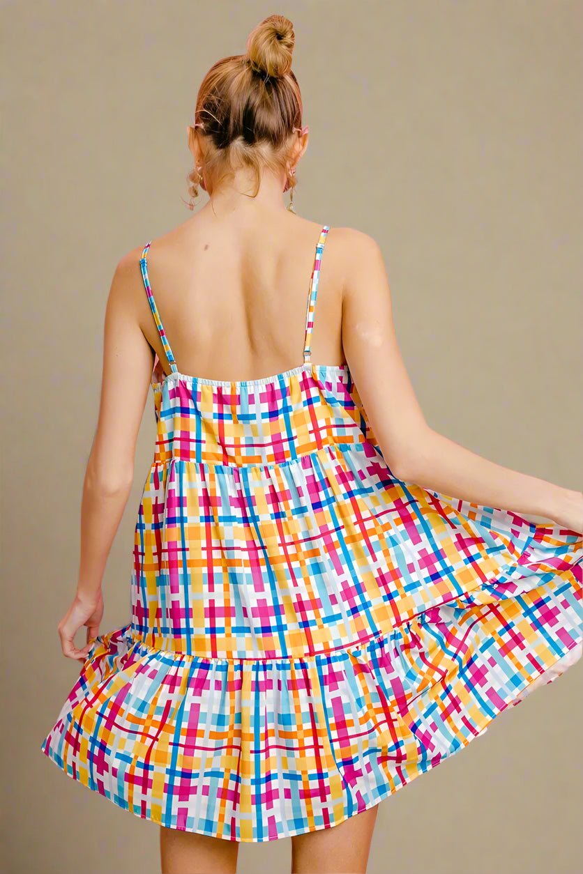 BiBi - Tiered Mini Dress in Orange & Fuchsia Plaid