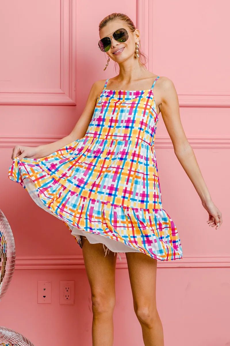 BiBi - Tiered Mini Dress in Orange & Fuchsia Plaid