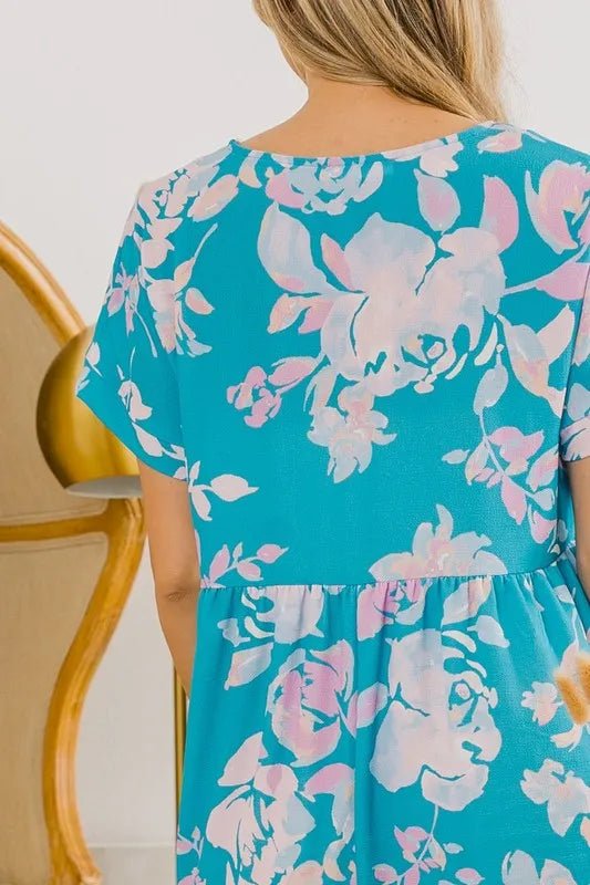 BiBi - Tropical Aqua Pink Floral Ruffle Hem Mini Dress