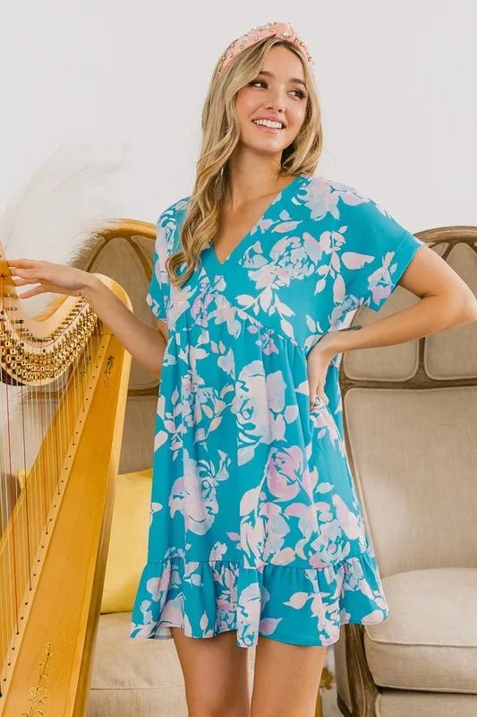 BiBi - Tropical Aqua Pink Floral Ruffle Hem Mini Dress