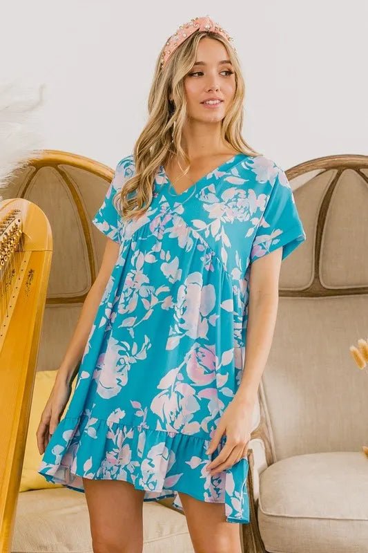 BiBi - Tropical Aqua Pink Floral Ruffle Hem Mini Dress