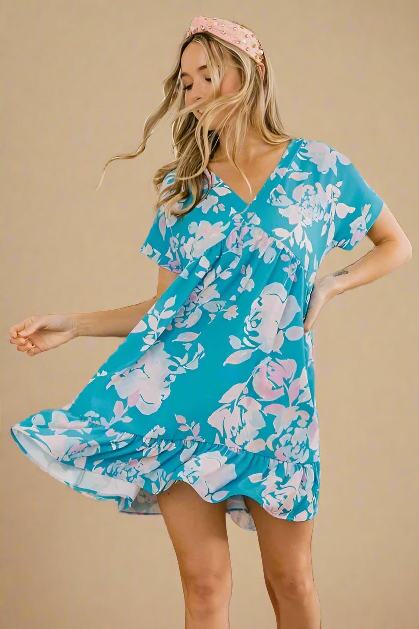 BiBi - Tropical Aqua Pink Floral Ruffle Hem Mini Dress
