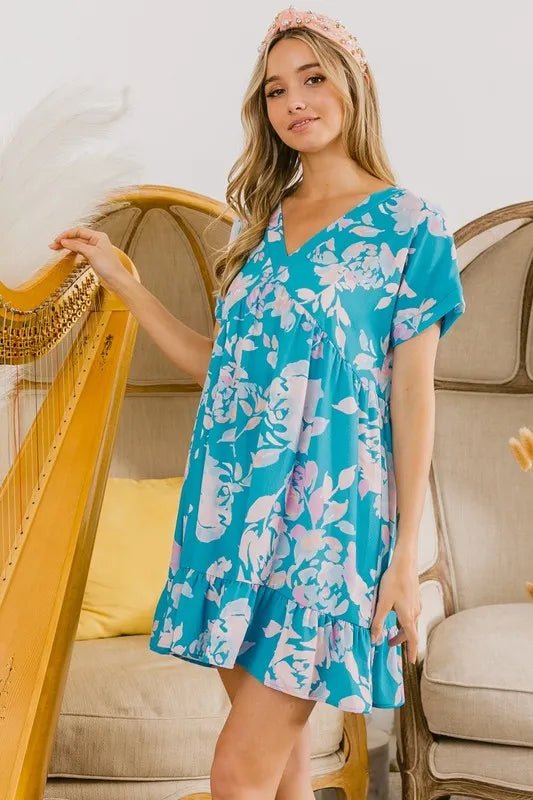 BiBi - Tropical Aqua Pink Floral Ruffle Hem Mini Dress