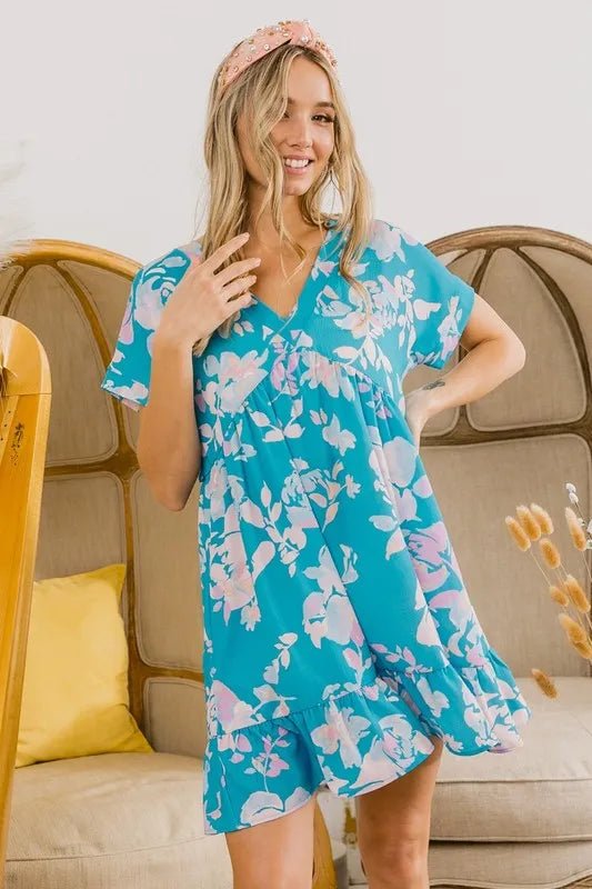 BiBi - Tropical Aqua Pink Floral Ruffle Hem Mini Dress