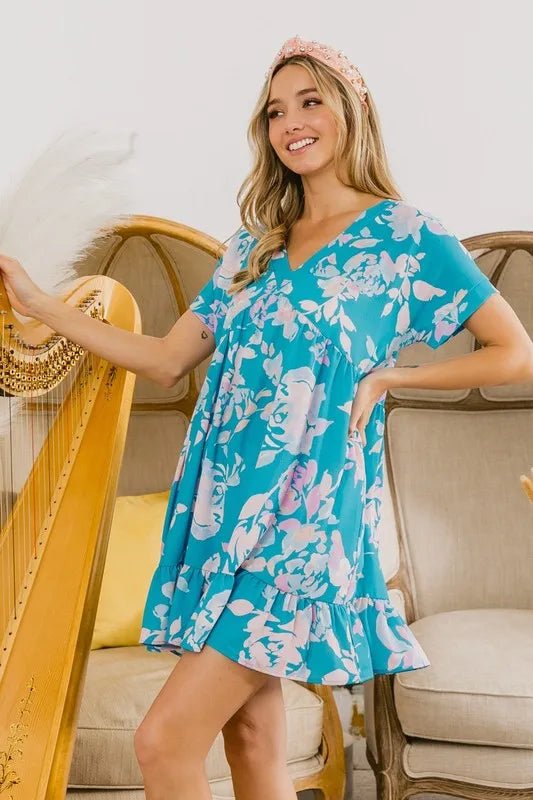 BiBi - Tropical Aqua Pink Floral Ruffle Hem Mini Dress