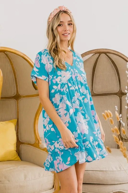 BiBi - Tropical Aqua Pink Floral Ruffle Hem Mini Dress