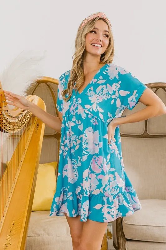 BiBi - Tropical Aqua Pink Floral Ruffle Hem Mini Dress