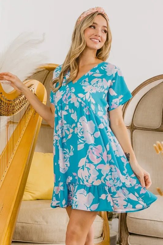 BiBi - Tropical Aqua Pink Floral Ruffle Hem Mini Dress