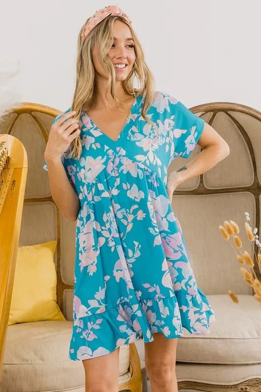 BiBi - Tropical Aqua Pink Floral Ruffle Hem Mini Dress