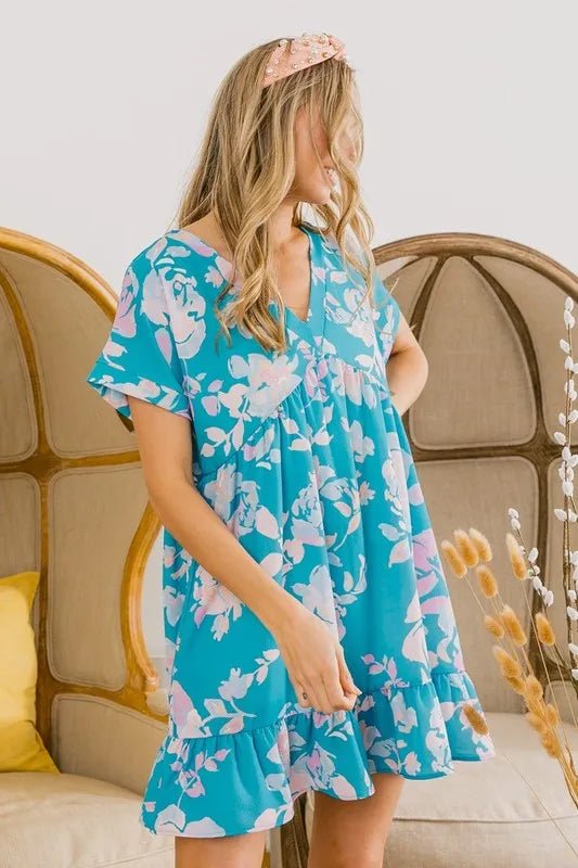 BiBi - Tropical Aqua Pink Floral Ruffle Hem Mini Dress