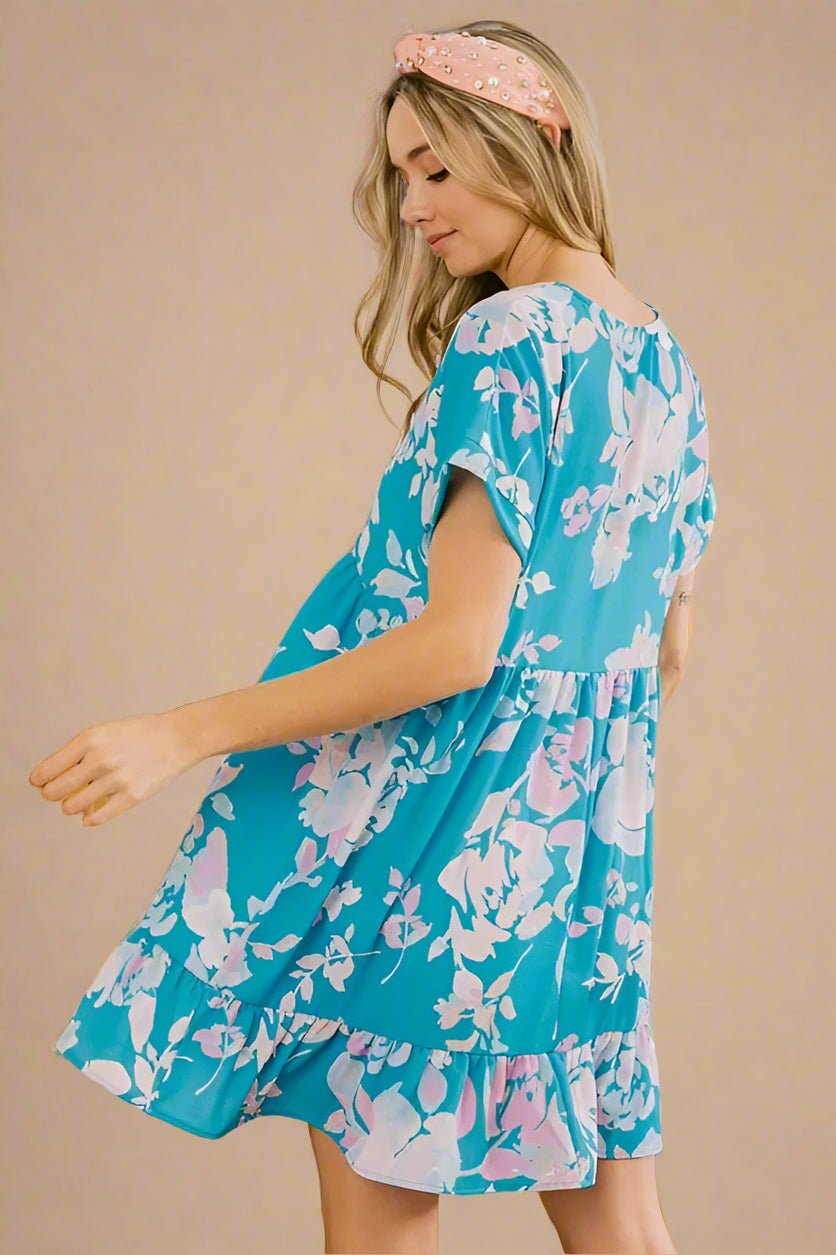 BiBi - Tropical Aqua Pink Floral Ruffle Hem Mini Dress