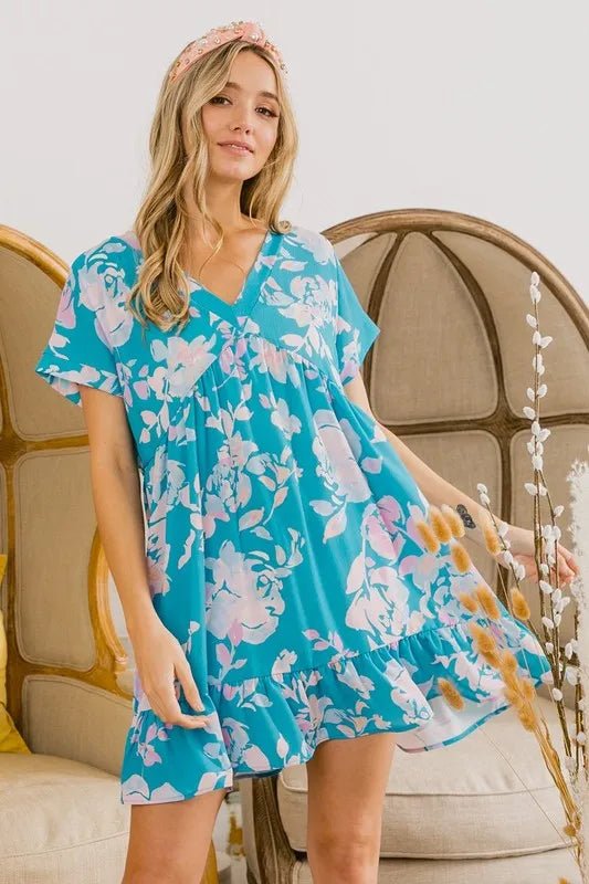 BiBi - Tropical Aqua Pink Floral Ruffle Hem Mini Dress