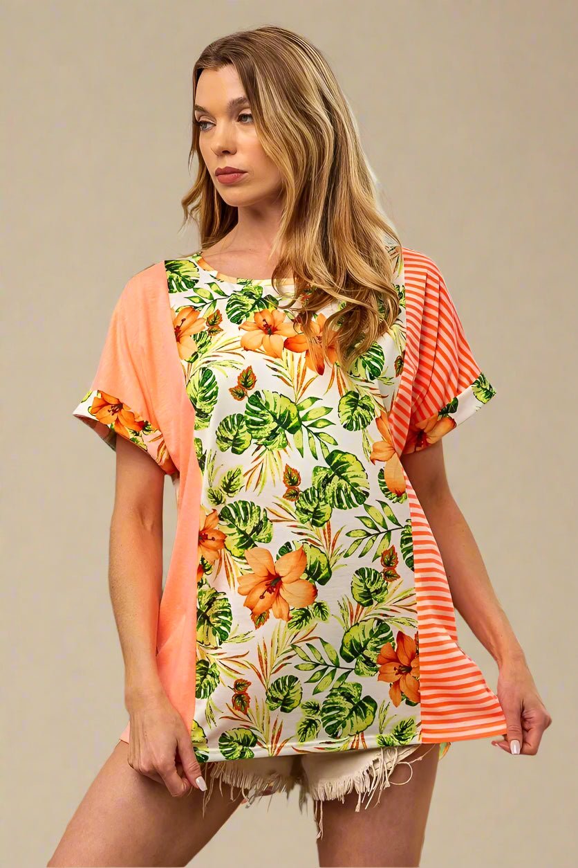 BiBi - Tropical Patchwork Tee – Orange & Green