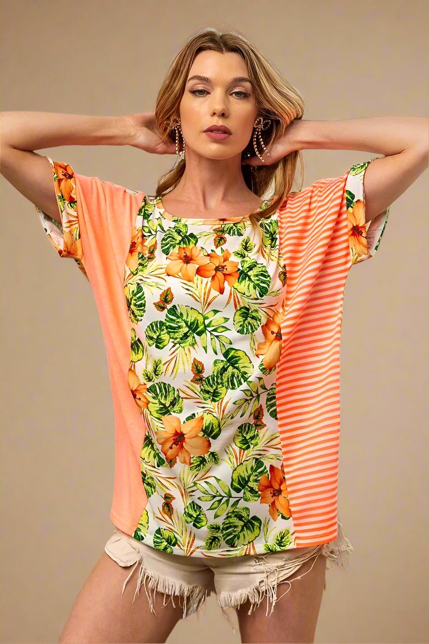 BiBi - Tropical Patchwork Tee – Orange & Green