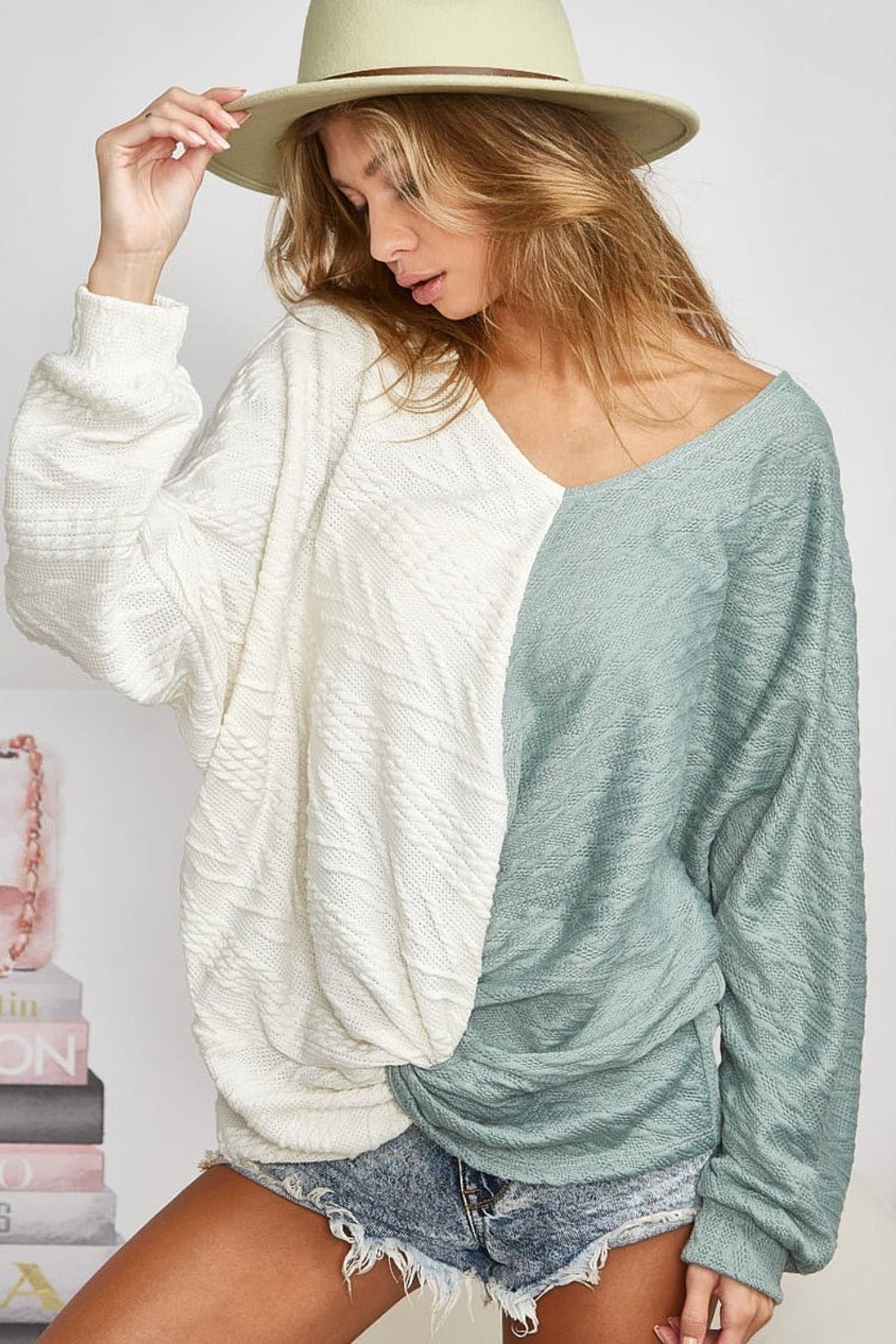 BiBi - Twist Front Contrast Cable Knit Top in Ivory Sage