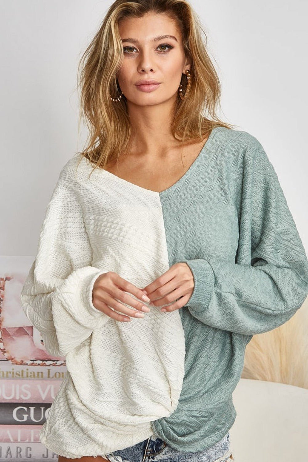 BiBi - Twist Front Contrast Cable Knit Top in Ivory Sage