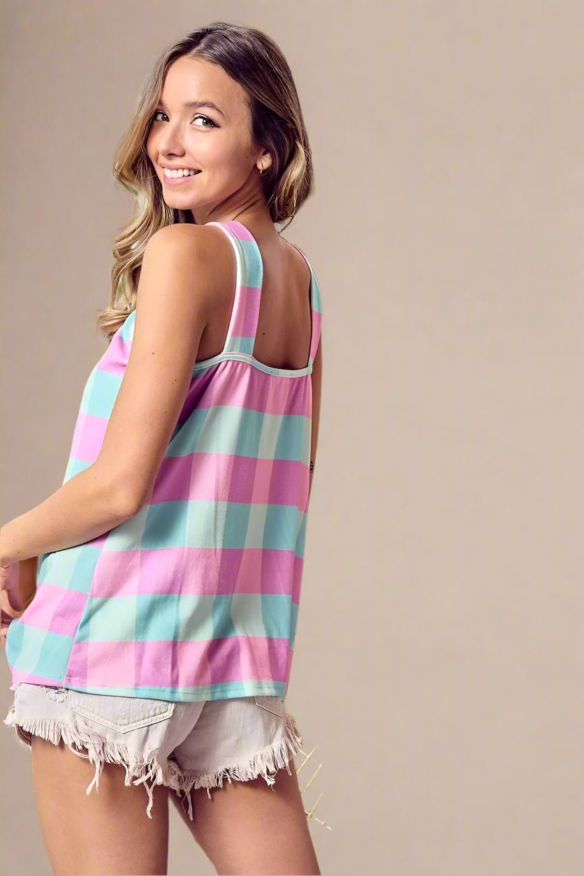 BiBi - Twist - Neck Gingham Halter Top – Pink & Teal