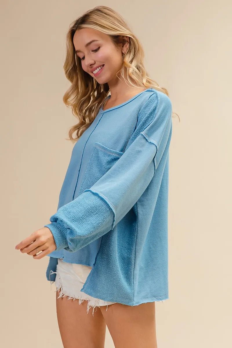 BiBi - Two - Tone Terry Patchwork Long Sleeve Top – Light Blue