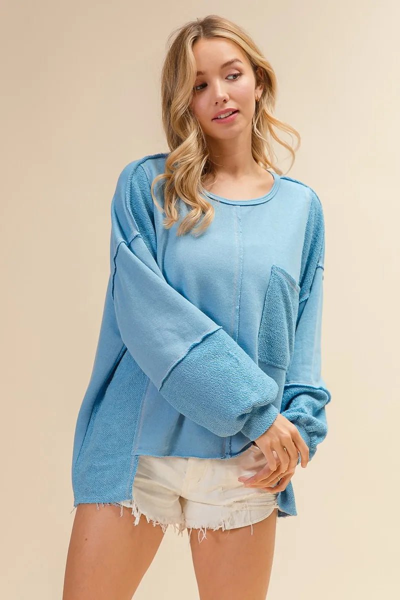 BiBi - Two - Tone Terry Patchwork Long Sleeve Top – Light Blue