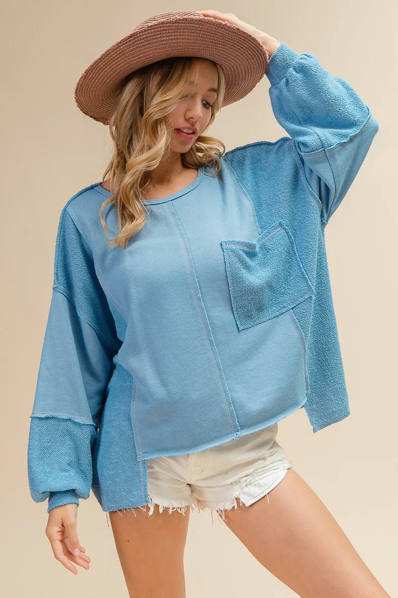 BiBi - Two - Tone Terry Patchwork Long Sleeve Top – Light Blue