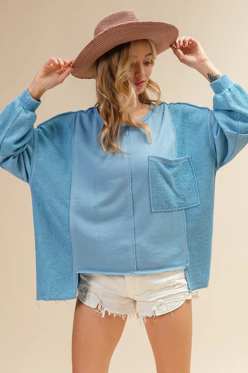 BiBi - Two - Tone Terry Patchwork Long Sleeve Top – Light Blue