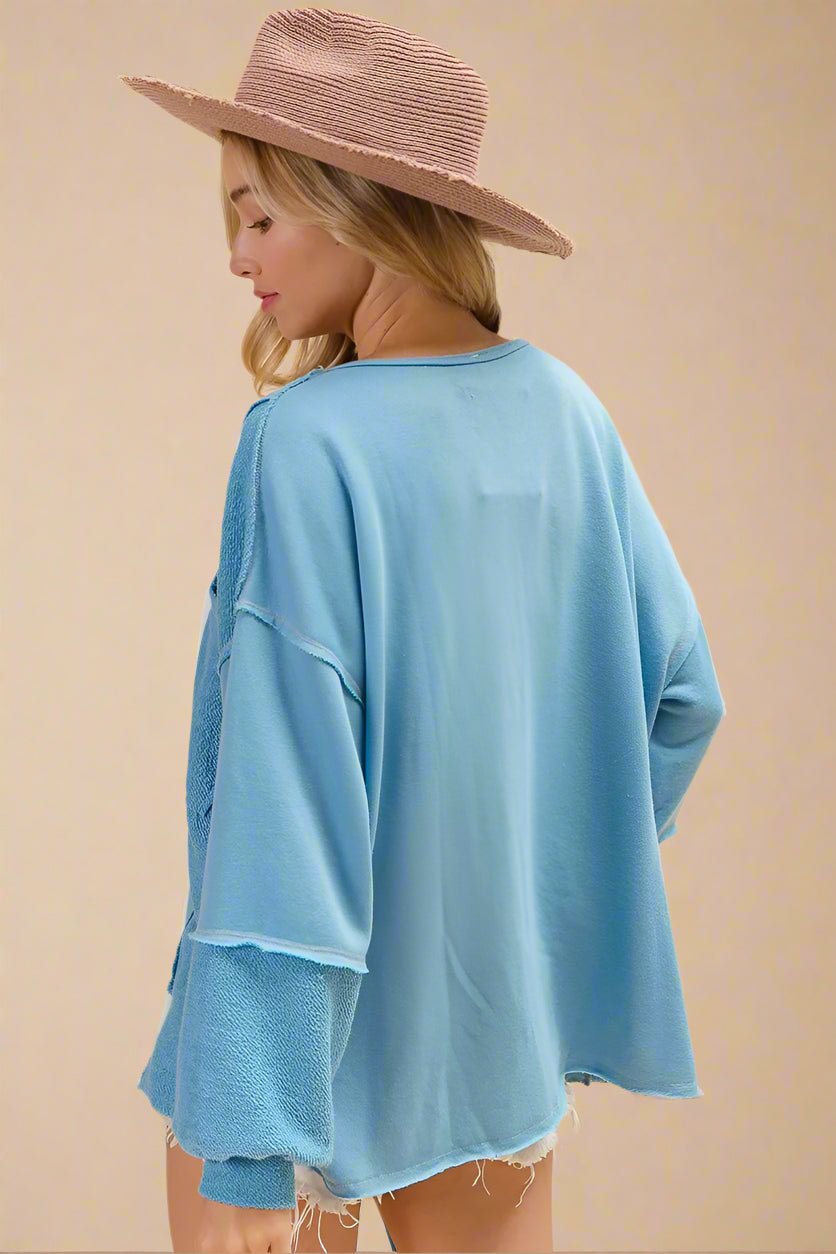 BiBi - Two - Tone Terry Patchwork Long Sleeve Top – Light Blue