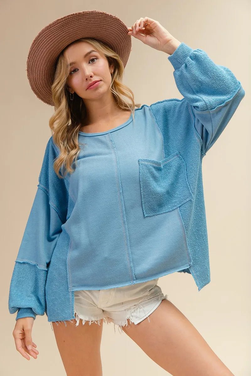 BiBi - Two - Tone Terry Patchwork Long Sleeve Top – Light Blue