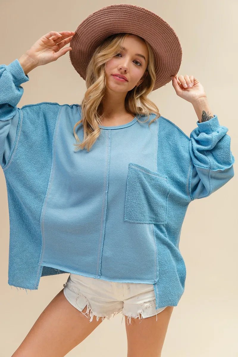 BiBi - Two - Tone Terry Patchwork Long Sleeve Top – Light Blue