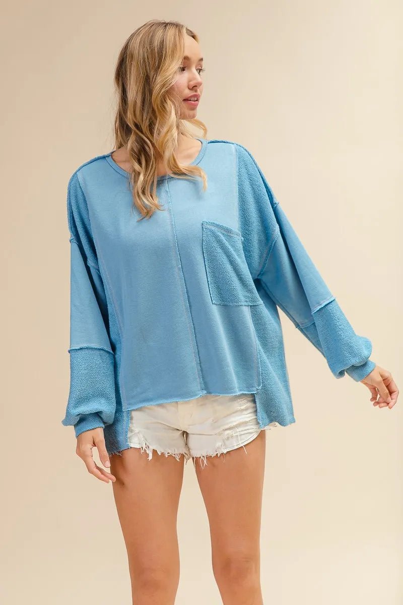 BiBi - Two - Tone Terry Patchwork Long Sleeve Top – Light Blue